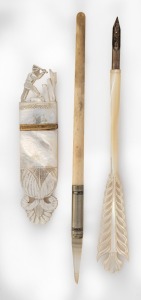 An antique carved mother of pearl pocket pencil with figural decoration and gold trim, together with an antique mother of pearl pen, and a whale bone example, 19th century, (3 items), the largest 16cm long.