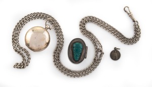 An antique English sterling silver sovereign case, together with a Mexican silver trinket box, a silver charm and a watch chain, 19th/20th century, (4 items).