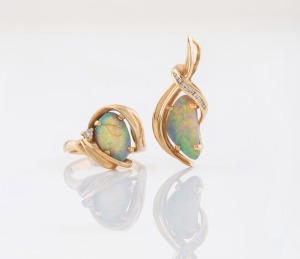 A vintage 14ct gold, diamond and opal pendant; together with a 14ct gold, opal and diamond ring, (2 items), 8.3 grams total.
