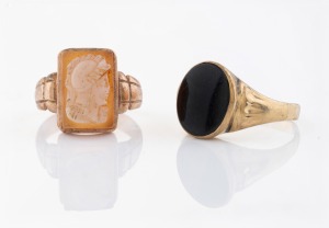 Two antique 9ct gold rings, one cameo glass, the other black onyx signet, 19th/20th century, 10.6 grams total.