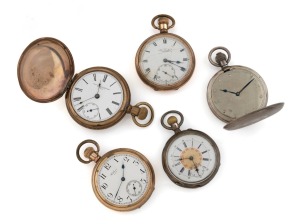 A selection of five antique pocket watches in gold plated and silver cases, American, French and Swiss, including an interesting blind man's silver cased example, 19th and 20th century, the blind man's example 7cm including bow.