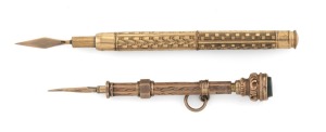 An antique 9ct gold retractable toothpick with goldstone top (stamped 9ct), together with and antique gold plated retractable toothpick, 19th/20th century, (2 items), 6cm and 7cm long.