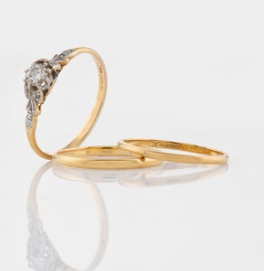 A 15ct gold and diamond ring; together with two 18ct gold wedding bands, (3 items), 4.5 grams total weight including stones.
