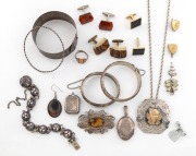 Assorted silver jewellery, cufflinks etc., including antique enamel Russian silver example (A/F), sterling silver lockets and a Mexican silver pendant, (qty).