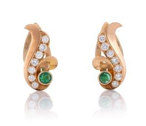 A pair of 14ct gold, emerald and white diamond earrings, 2.5cm high, 6.1 grams total.