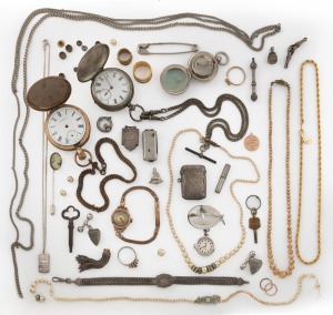 A vintage 9ct gold cased wristwatch, 9ct gold sleeper earrings, 9ct gold photo pendant, antique pocket watches, silver and costume jewellery, fob chain etc., (qty).