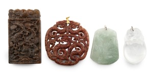 Four assorted Chinese carved jade and hardstone pendants with silver and gilt mounts, 20th century, the largest 8cm high.