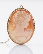 A 9ct gold mounted cameo necklace, retailed by RODD, early to mid 20th century, stamped "9ct, Rodd", 4cm high overall, 10.3 grams total including shell cameo.