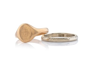 An antique 15ct gold signet ring (3 grams); together with a vintage 18ct white gold ring (2.2 grams), 19th and 20th century, (2 items).