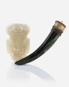 A Tibetan jade ornament with gilt metal mount; together with a Chinese jade buckle with face mask decoration, unknown ages, (2 items), 11cm and 6cm high.