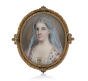An antique oval miniature Royal portrait of a vailed lady in ermine gown hand-painted on mother of pearl and housed in an ornated gold finished brooch mount, early to mid 19th century, ​​​​​​​6.5cm high.
