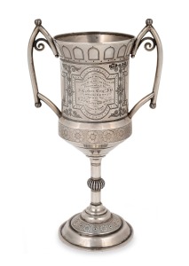 [BENDIGO INTEREST] Antique sterling silver trophy cup, engraved "SANDHURST BOWLING CLUB. Handicap Trophy, Presented by D. COHEN Esq. J.P. President. Won By Darnton Watson, Season 1886-7", made by Thomas Millwood & Co. of Birmingham, circa 1885, 24cm high,