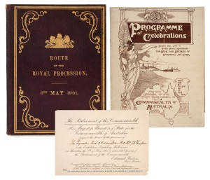 "PROGRAMME OF CELEBRATIONS - FOR THE OPENING OF THE FIRST PARLIAMENT OF THE COMMONWEALTH OF AUSTRALIA" for the 6th to the 16th of May 1901, 48 page publication illustrated by NORMAN LINDSAY; together with an invitation to the opening of the first Australi
