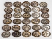 Thirty assorted silver brooches with Hebrew script, stamped "935", ​​​​​​​392 grams total.