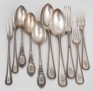 German silver serving spoons, forks and dessert spoons, 19th/20th century, (10 items), 452 grams total.