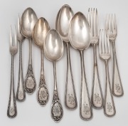 German silver serving spoons, forks and dessert spoons, 19th/20th century, (10 items), 452 grams total.