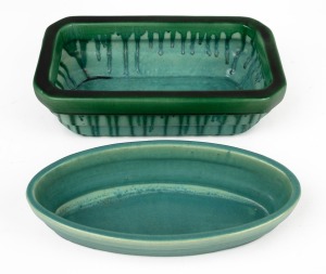 MELROSE WARE green glazed Art Deco pottery flower trough with attractive drip glaze; together with an oval form green glazed pottery flower trough, (2 items), 33.5cm and 32cm wide.