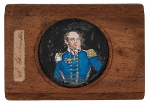 SIR JOHN FRANKLIN: Late-19th century timber-framed glass slide featuring hand-painted portrait of Franklin in Royal Navy formal uniform, 11.5 x 17cm overall.