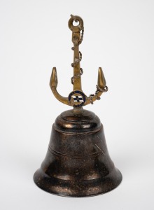 S.S. ORION vintage brass and silver plated table bell with enamel decoration, circa 1930s, 14.5cm high.