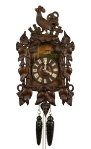 An antique German Black Forest farmhouse wall clock in carved oak case with vine leave decoration and cockerel finial, incised and hand-painted wooden dial plate carved and fretted bone hand. Wood plate 30 hour movement striking the hour and half hour on a coil gong, circa 1870, 53cm high, 31cm wide.