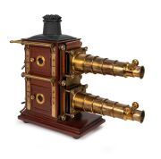 BIUNIAL MAGIC LANTERN: Large c. 1880s mahogany and brass example with impressive quadruple-extension lens barrels, tin chimney element, limelight burner apparatus, four side-opening doors with red or blue peepholes, together with two condenser lenses and 