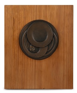 MICHAEL MESZAROS (1945 - ) "The Trumpeter", cast bronze plaque mounted on blackwood board, signed "Michael Meszaros" with artist's monogram, bearing Leveson Street Gallery invitation verso, 23 x 19cm overall.