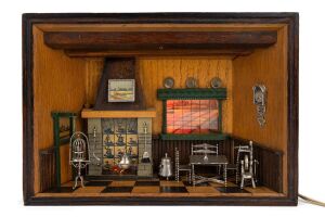 A fine and complete selection of Dutch silver dolls house miniature furniture and ornaments, displayed in a vintage illuminated wall hanging diorama, early to mid 20th century, (15 items), the diorama 26cm high, 36cm wide, 13cm deep, silver weight 135 grams total.