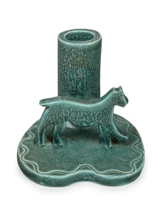 KLYTIE PATE (attributed) unusual turquoise green glazed pottery vase with cat decoration, incised signature to base obscured by glaze, 13cm high.