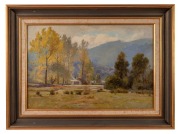 JOHN MATHER (1848-1916), (farm scene and mountains), oil on board, signed lower left "J. Mather, 1/5/94", ​​​​​​​30 x 45cm, 43 x 58cm overall. - 2