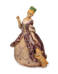 MARGUERITE MAHOOD pottery statue of a lady and a dog, incised "Marguerite Mahood", 13.5cm high.