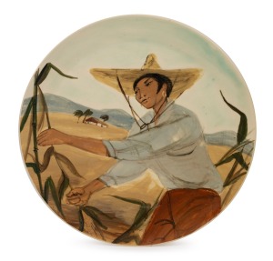 MARTIN BOYD hand-painted pottery plaque, incised "Martin Boyd", 36cm diameter.
