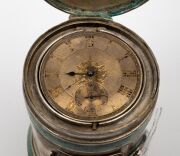 A novelty Eastern European silver and malachite miniature stove ornament, housing a pocket watch movement, bearing the Russian coat of arms, unknown maker and origin (marks illegible), 20th century, 18cm high, 322 grams total including watch movement. - 3
