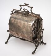 Silver plated candlesticks, muffin dish, oak biscuit barrel, tobacco jar and two hip flasks (one with attractive collapsible cup lid), 19th and 20th century, (qty), the candlesticks 25cm high. - 3