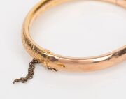 An antique 15ct gold brooch (4.8 grams), together with a 9ct gold bangle (9.6 grams), housed in an antique plush jewellery case branded "J.M. WENDT, ADELAIDE", 19th century, (3 items including the case). - 2