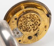 JOHN DWERRIHOUSE antique English sterling silver pair cased pocket watch with verge fusee movement, enamel dial and Arabic numerals, movement signed "Dwerrihouse & Carter, London", late 18th century, ​​​​​​​7.5cm high overall including bow. - 2
