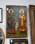 An antique icon of St. Anthony The Great (Patron Saint of Monks) and St. Athanasius of Alexandria, possibly the work of Bulgarian artist Ivan Penkov, early 20th century, 60 x 40cm. - 3