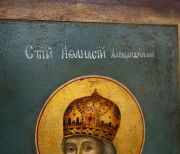 An antique icon of St. Anthony The Great (Patron Saint of Monks) and St. Athanasius of Alexandria, possibly the work of Bulgarian artist Ivan Penkov, early 20th century, 60 x 40cm. - 5