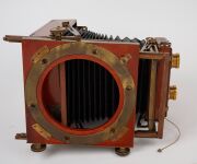 THORNTON-PICKARD: "Special Ruby" view camera [#530047], late-19th century, plate dimensions 12 x 16.5cm, twin Thornton-Pickard Beck Symmetrical lenses, Thornton-Pickard stereo roller-blind shutter, "Baker & Rouse" retailer's inlay. - 7
