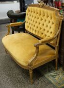 An antique French Louis XVI style gilded settee with handsome carved decoration and gold velvet upholstery, 19th century, 100cm high, 120cm across the arms. - 2