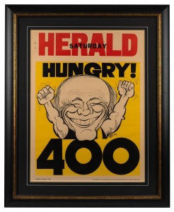 WEG - KEVIN BARTLETT: "HUNGRY 400" poster issued to commemorate Bartlett becoming the first VFL player to reach 400 games on August 6th 1983; serial number at top left [#722]; attractively framed and glazed, 88 x 72cm overall.