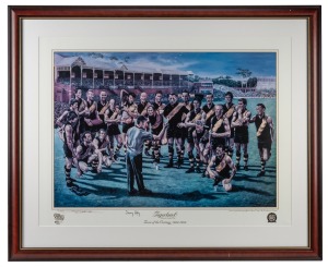 RICHMOND: "Tigerland - Team of the Century 1900-1999" print, signed by artist Jamie Osborne and player Tommy Hafey; limited edition #141/500 with CoA; attractively framed and glazed, 90 x 110cm overall.