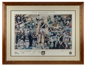 RICHMOND: "Inaugural Hall of Fame Inductees 2002" print, signed by fifteen notables including Francis Bourke, Roger Dean, Tommy Hafey, Michael Roach, Kevin Sheedy, and others; limited edition #6/250 with CoA; attractively framed and glazed, 86 x 112cm overall.