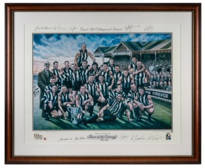 COLLINGWOOD: "Good Old Collingwood Forever - Team of the Century 1897-1997" print, signed by artist Jamie Cooper and ten of the players selected, including Nathan Buckley, Tony Shaw, Len Thompson, Des Tuddenham, Murray Weideman, and others; limited edition #130/1000; attractively framed and glazed, 91 x 110cm overall.