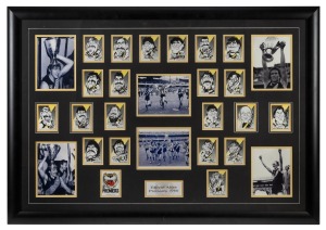 RICHMOND 1980 PREMIERSHIP: "Eat 'em Alive" display incorporating six photographs and a complete set of twenty-one WEG trading cards, each signed by the respective player; signatories include Kevin Bartlett, David Cloke, Mick Malthouse, Michael Roach, Dale Weightman, and others; attractively framed and glazed, 82 x 106cm overall.
