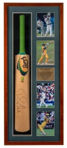 RICKY PONTING: Signature on full-size cricket bat, mounted in attractive display case with four action photographs and career statistics; 103 x 43cm overall.