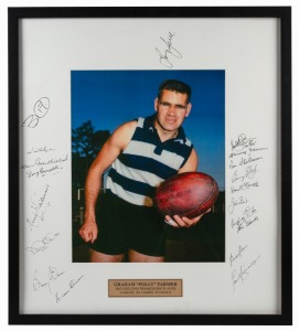A window-mounted photograph of Graham "Polly" Farmer with nineteen signatures at margin, including those of Brian Dixon, Allan Greenshields, Doug Reynolds, Harvey Stevens, Murray Weideman, and others; framed and glazed, 59 x 52cm overall.