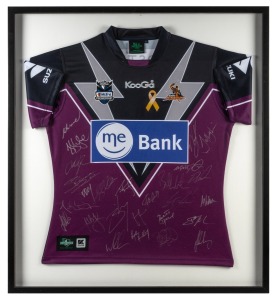 MELBOURNE STORM: Late-2000s guernsey signed by no fewer than twenty-five players; attractively framed and glazed, 93 x 84cm overall.