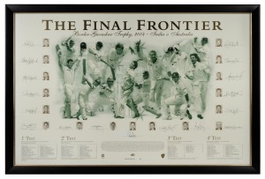"The Final Frontier - Border-Gavaskar Trophy 2004 - India v Australia" print featuring seventeen original signatures, including those of Shane Warne, Adam Gilchrist, Ricky Ponting, Glenn McGrath, and Jason Gillespie; limited edition of 200; attractively framed and glazed, 71 x 106cm overall.