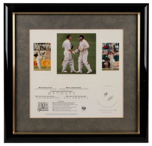 A group of framed displays, comprising "Glenn McGrath - Frame by Frame" (signed limited edition #149/500), "Taylor & Slater" (signed limited edition #32/350, with CoA), and "Bowled Shane 500" by the SKW500 Collection (unnumbered art proof); the largest 46 x 111cm overall. (3 items)