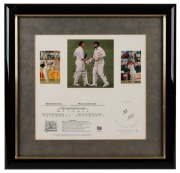 A group of framed displays, comprising "Glenn McGrath - Frame by Frame" (signed limited edition #149/500), "Taylor & Slater" (signed limited edition #32/350, with CoA), and "Bowled Shane 500" by the SKW500 Collection (unnumbered art proof); the largest 46
